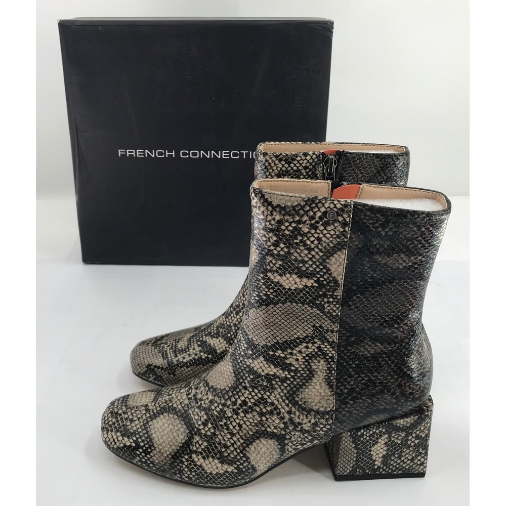 French‎ Connection Women Grey Snakeskin Embossed Block Heel Square Toe Boots 10M